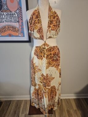 FARM RIO XL Boho Floral Halter Cutout Maxi Dress Cream & Mustard